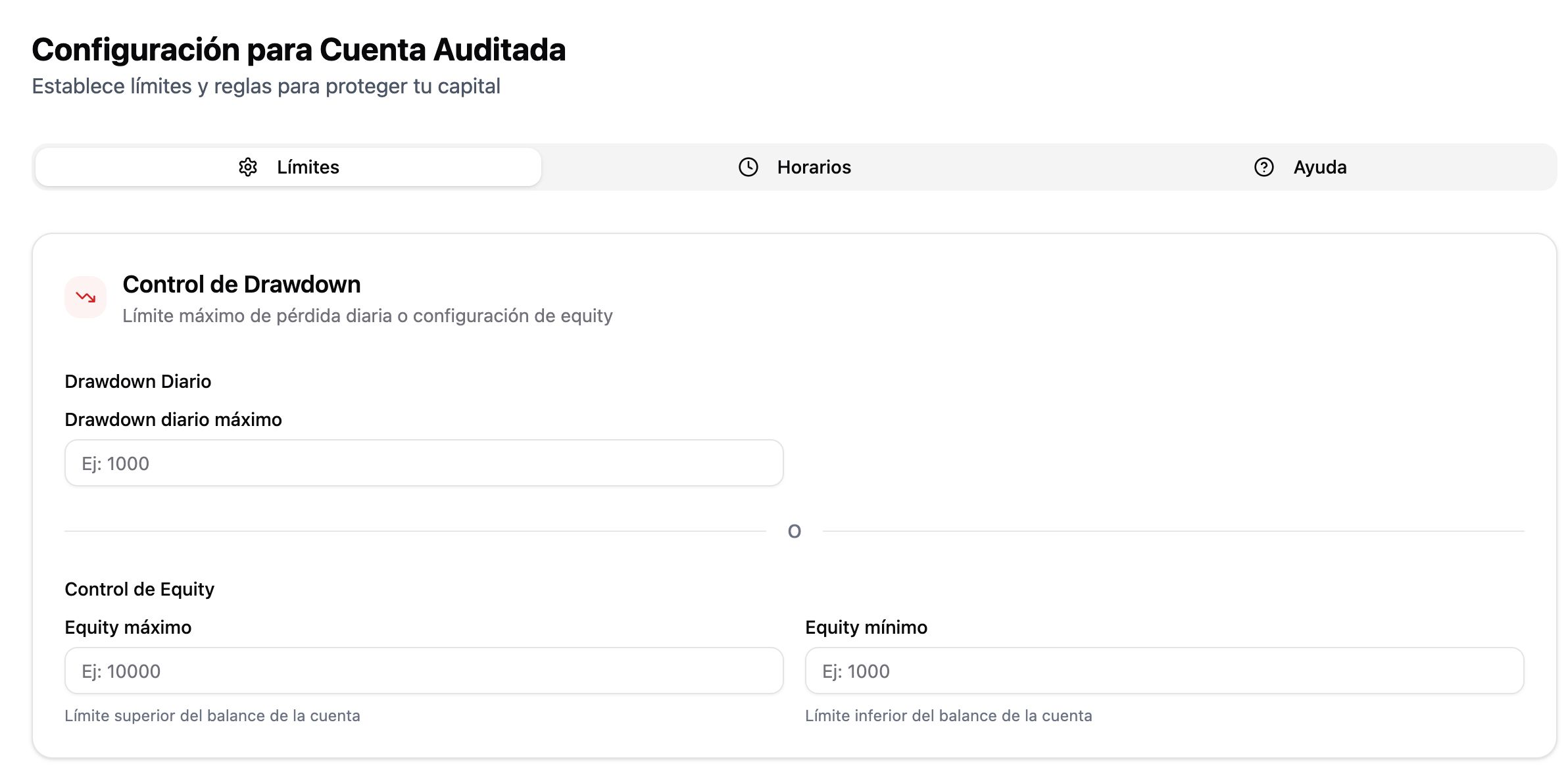 Configuración detallada de límites de riesgo para cuenta auditada